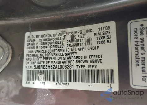 2010 Honda Cr-V Lx из США, поврежденный, VIN 5J6RE3H32AL008281